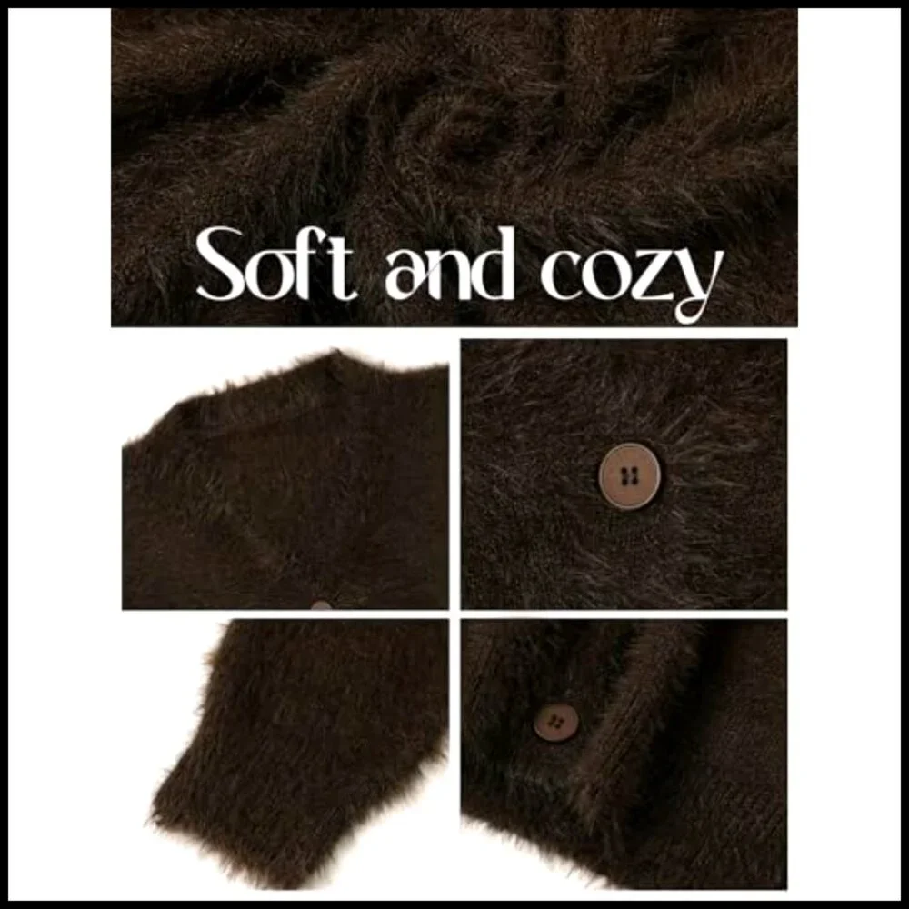 Women's Fuzzy V-Neck Cardigan Long Sleeve Button Down Slouchy Sweater_6
